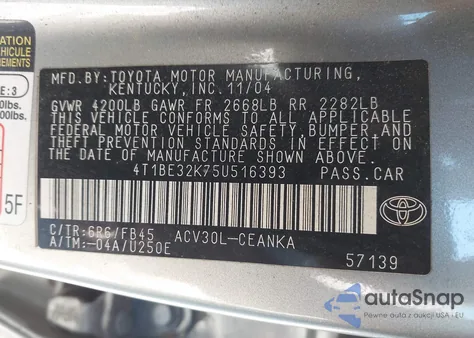 2005 Toyota Camry Le from USA, damaged, VIN 4T1BE32K75U516393